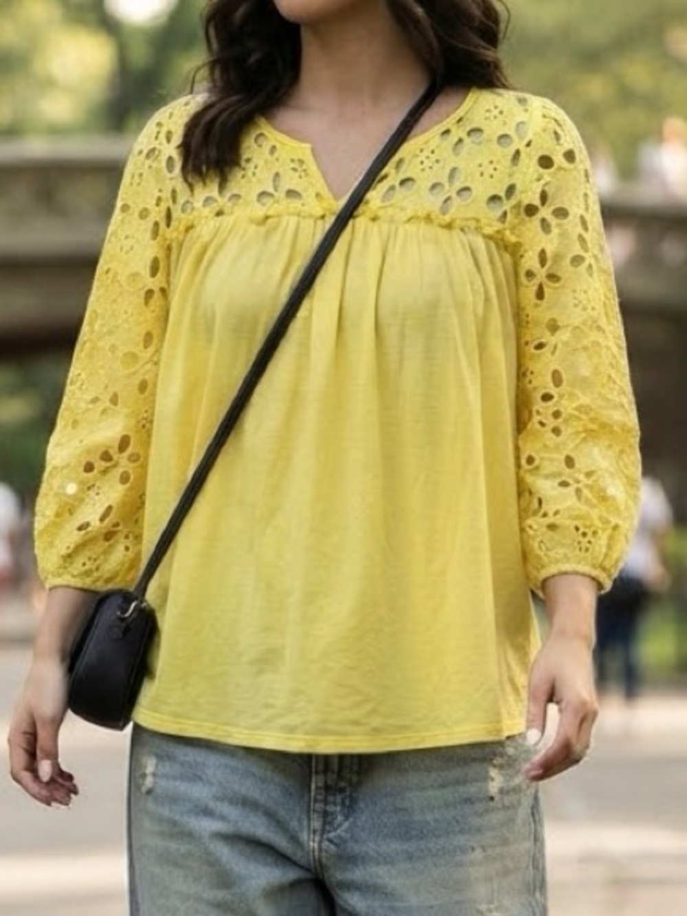 Oliver ECI Yellow Eyelet Lace Peasant Blouse M Dopamine Dressing Boho Dollcore